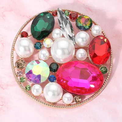 Fashnzfab Pearl Stone Cluster Embellished Chunky Round Pin Brooch In Multi