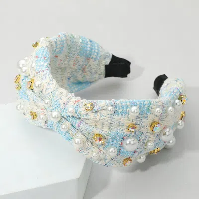 Fashnzfab Pearl Stone Cluster Embellished Tweed Knot Headband In Blue