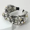 Fashnzfab Pearl Stone Cluster Embellished Tweed Knot Headband In Multi
