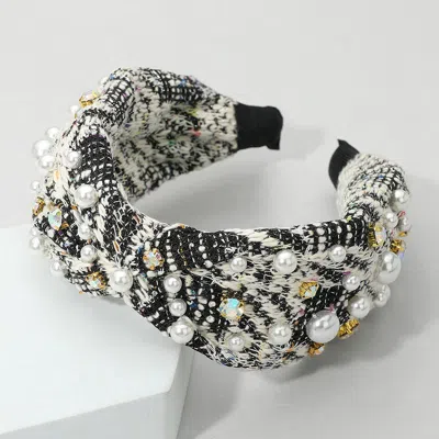 Fashnzfab Pearl Stone Cluster Embellished Tweed Knot Headband In Multi