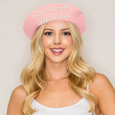 Fashnzfab Pearl Stone Cluster Embellished Wool Beret Hat In Pink