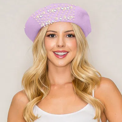 Fashnzfab Pearl Stone Cluster Embellished Wool Beret Hat In Purple