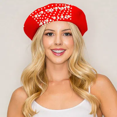Fashnzfab Pearl Stone Cluster Embellished Wool Beret Hat In Red