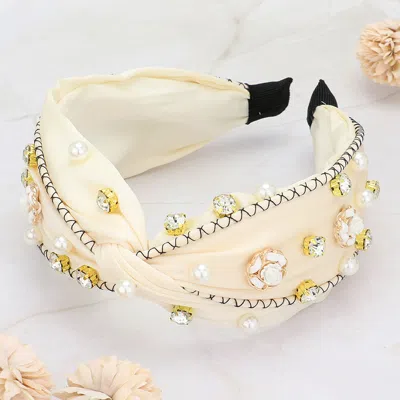 Fashnzfab Pearl Stone Cluster Flower Embellished Knot Headband In White