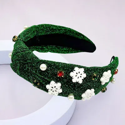 Fashnzfab Pearl Stone Cluster Snowflake Embellished Knot Sparkle Fabric Headband In Green
