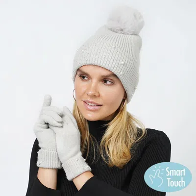 Fashnzfab Pearl Stone Deco Embellished Pom Pom Beanie Hat Touch Smart Gloves Set In Multi