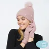Fashnzfab Pearl Stone Deco Embellished Pom Pom Beanie Hat Touch Smart Gloves Set In Pink