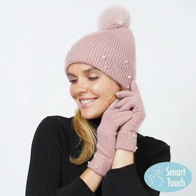 Fashnzfab Pearl Stone Deco Embellished Pom Pom Beanie Hat Touch Smart Gloves Set In Pink
