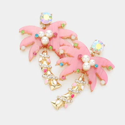 Fashnzfab Pearl Stone Embellished Celluloid Acetate Palm Tree Dangle Earrings In Pink