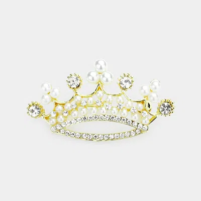 Fashnzfab Pearl Stone Embellished Crown Pin Brooch In Gold