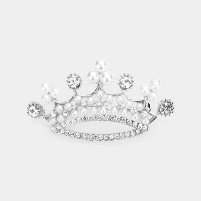 Fashnzfab Pearl Stone Embellished Crown Pin Brooch In Silver