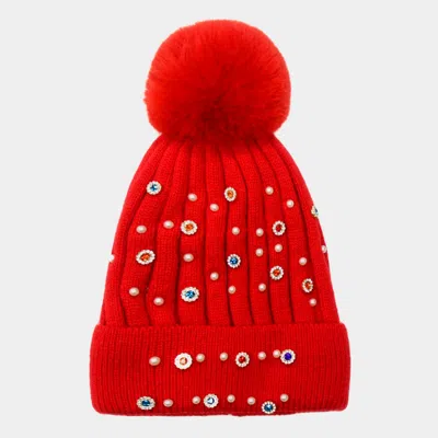 Fashnzfab Pearl Stone Embellished Detail Pom Pom Beanie Hat In Red