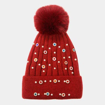 Fashnzfab Pearl Stone Embellished Detail Pom Pom Beanie Hat In White