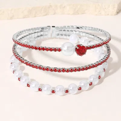 Fashnzfab Pearl Stone Embellished Evening Cuff Bracelet Red