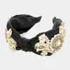 Fashnzfab Pearl Stone Embellished Flower Burnout Knot Headband In Black