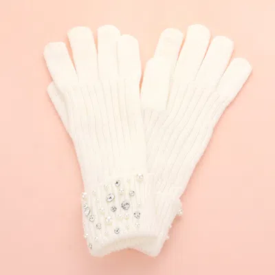 Fashnzfab Pearl Stone Embellished Knit Gloves In White