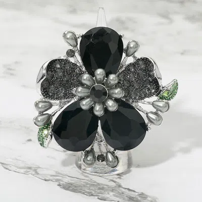 Fashnzfab Pearl Stone Embellished Oversized Flower Stretch Ring In Black