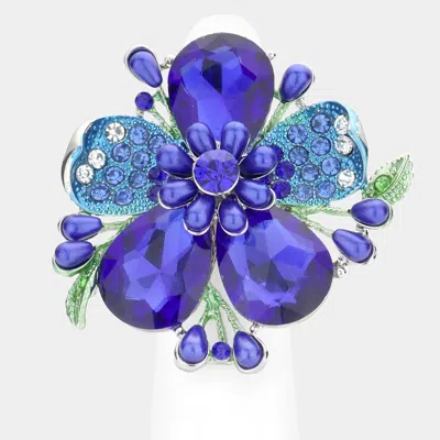 Fashnzfab Pearl Stone Embellished Oversized Flower Stretch Ring In Blue