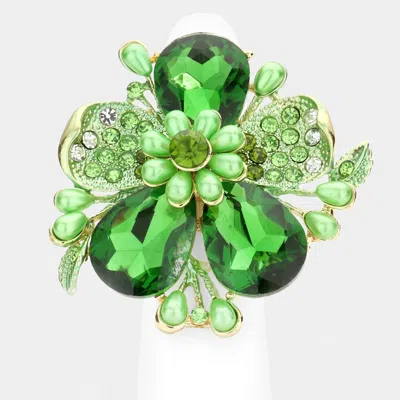 Fashnzfab Pearl Stone Embellished Oversized Flower Stretch Ring In Green
