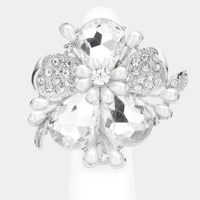 Fashnzfab Pearl Stone Embellished Oversized Flower Stretch Ring In Silver