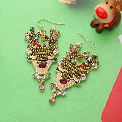 Fashnzfab Pearl Stone Embellished Seed Beaded Reindeer Dangle Earrings In Multi