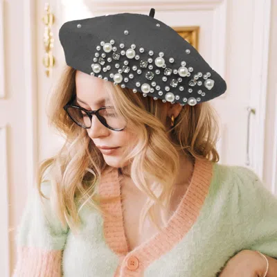 Fashnzfab Pearl Stone Embellished Wool Blend Beret Hat In Gray