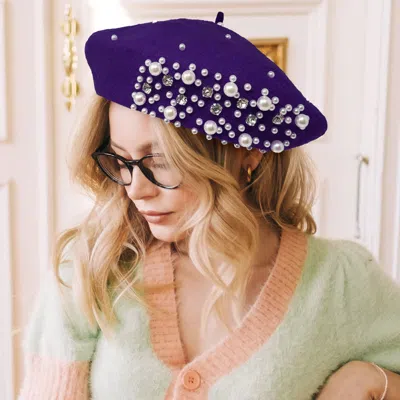 Fashnzfab Pearl Stone Embellished Wool Blend Beret Hat In Purple