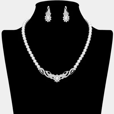 Fashnzfab Pearl Stone Paved Bar Pointed Necklace In Metallic