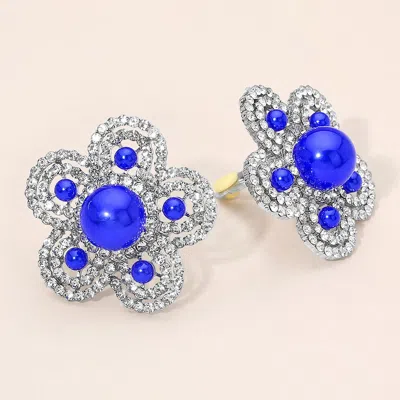 Fashnzfab Pearl Stone Paved Flower Clip On Earrings In Blue