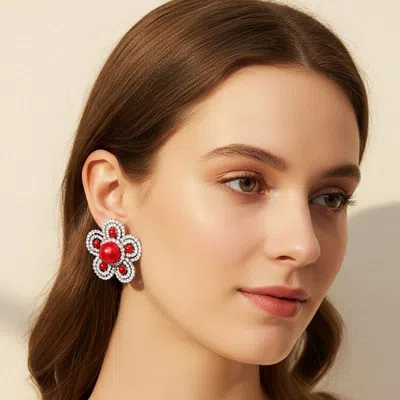 Fashnzfab Pearl Stone Paved Flower Clip On Earrings In Silver
