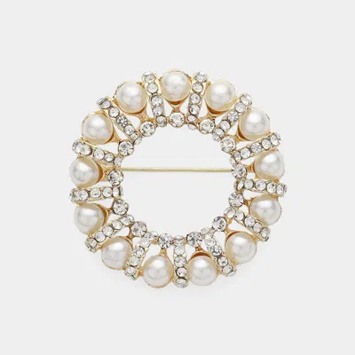 Fashnzfab Pearl Stone Paved O Ring Pin Brooch In Silver