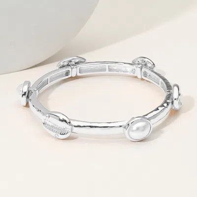 Fashnzfab Pearl Stone Paved Shell Pointed Hammered Metal Stretch Bracelet Rhodium In Metallic