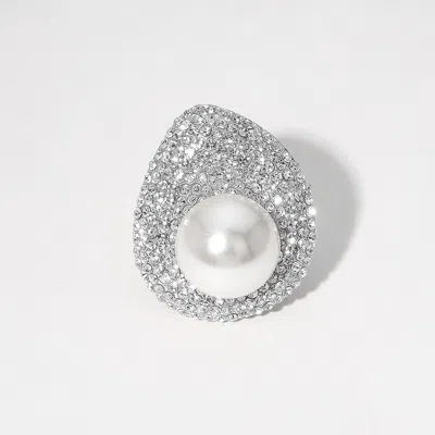 Fashnzfab Pearl Stone Paved Stretch Ring In Silver