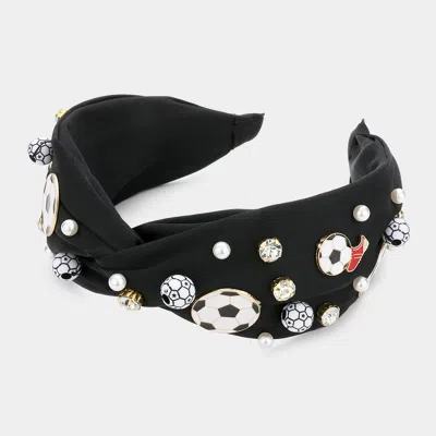 Fashnzfab Pearl Stone Soccer Shoe Embellished Twisted Headband In Black