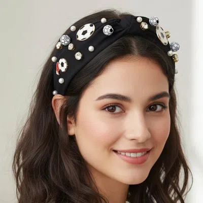 Fashnzfab Pearl Stone Soccer Shoe Embellished Twisted Headband In Black