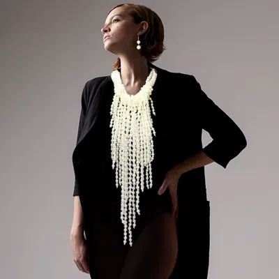 Fashnzfab Pearl Strand Fringe Bib Necklace In Silver