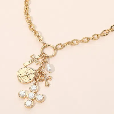 Fashnzfab Pearl Symbolic Cross Charm Drop Pendant Necklace In Gold