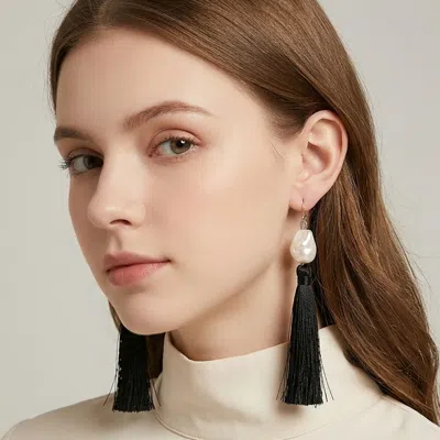 Fashnzfab Pearl Tassel Link Drop Statement Earrings In Multi