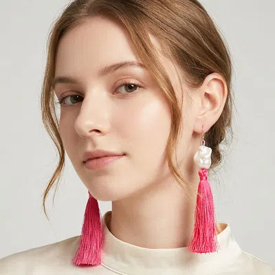 Fashnzfab Pearl Tassel Link Drop Statement Earrings In Red