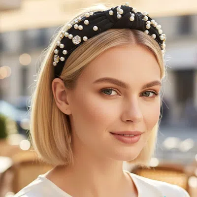 Fashnzfab Pearl Teardrop Stone Cluster Embellished Knot Wide Headband In Black