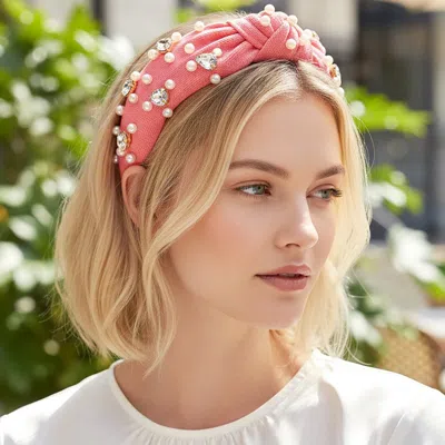 Fashnzfab Pearl Teardrop Stone Cluster Embellished Knot Wide Headband In Pink
