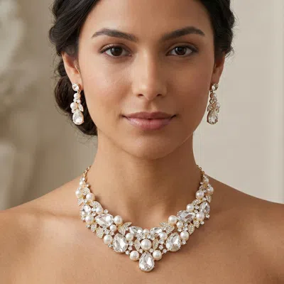 Fashnzfab Pearl Teardrop Stone Cluster Embellished Statement Necklace In Silver