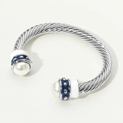 Fashnzfab Pearl Tip Enamel Two Tone Cuff Bracelet Blue, White In Transparent