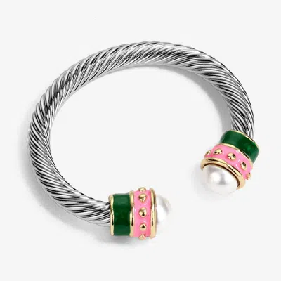 Fashnzfab Pearl Tip Enamel Two Tone Cuff Bracelet In Metallic