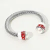 Fashnzfab Pearl Tip Enamel Two Tone Cuff Bracelet Red, White In Silver