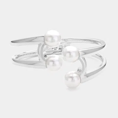 Fashnzfab Pearl Tip Hinged Cuff Bracelet Cream, Rhodium In Multi