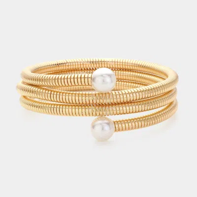 Fashnzfab Pearl Tip Metal Coil Bracelet Cream, Gold In Multi
