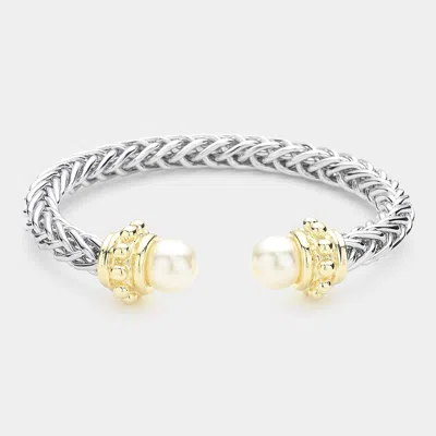 Fashnzfab Pearl Tip Metal Cuff Bracelet Cream In Metallic