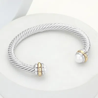 Fashnzfab Pearl Tip Twisted Rope Cuff Bracelet Cream, Rhodium In Silver