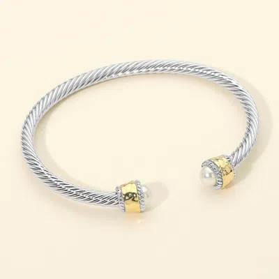 Fashnzfab Pearl Tip Two Tone Cable Cuff Bracelet In Metallic